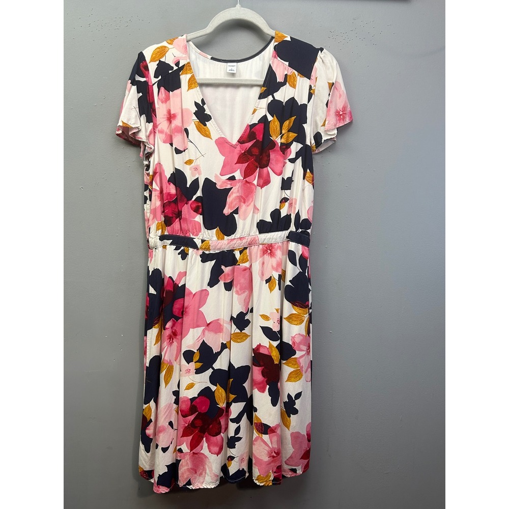 Old Navy Dress Women Large White Pink Floral V-Neck Short Sleeve Midi